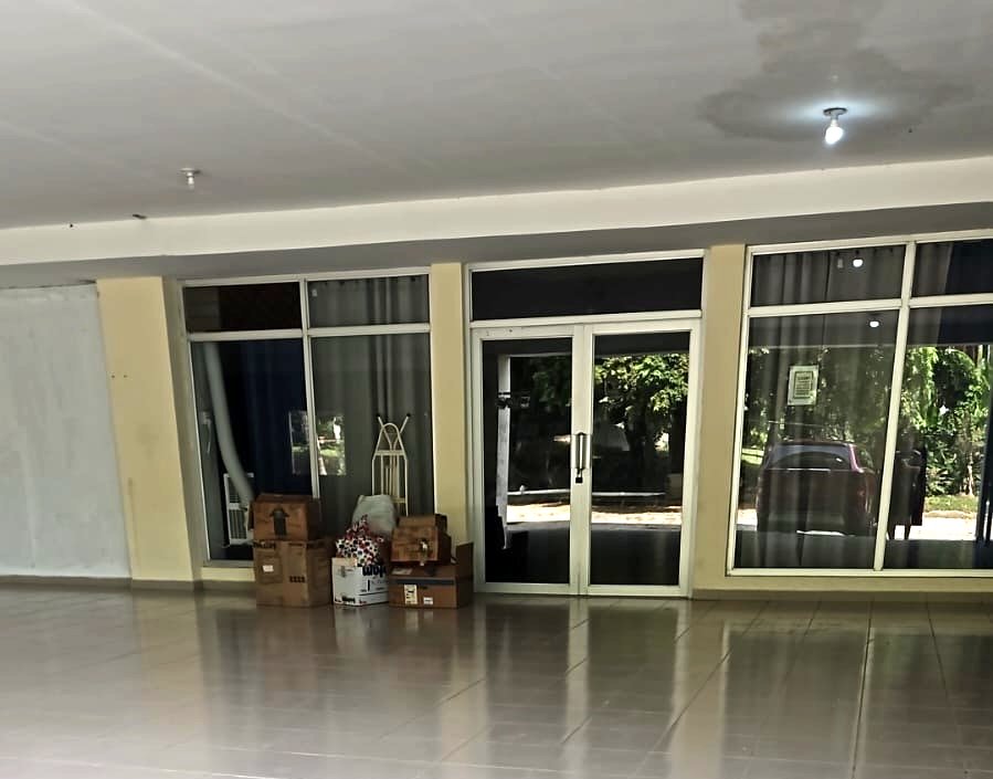 The basement-level entrance at the back of the building